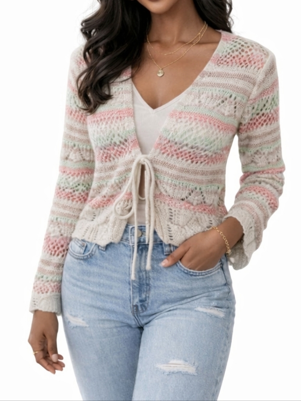 Boho Cardigan Sweater XL Pastel Crochet Tie Front Cottagecore Spring Bohemian